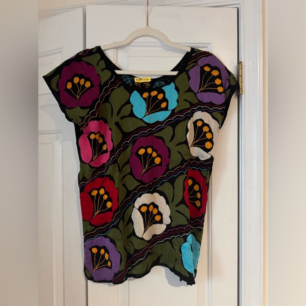 Embroidered Mexican Floral Blouse, Medium